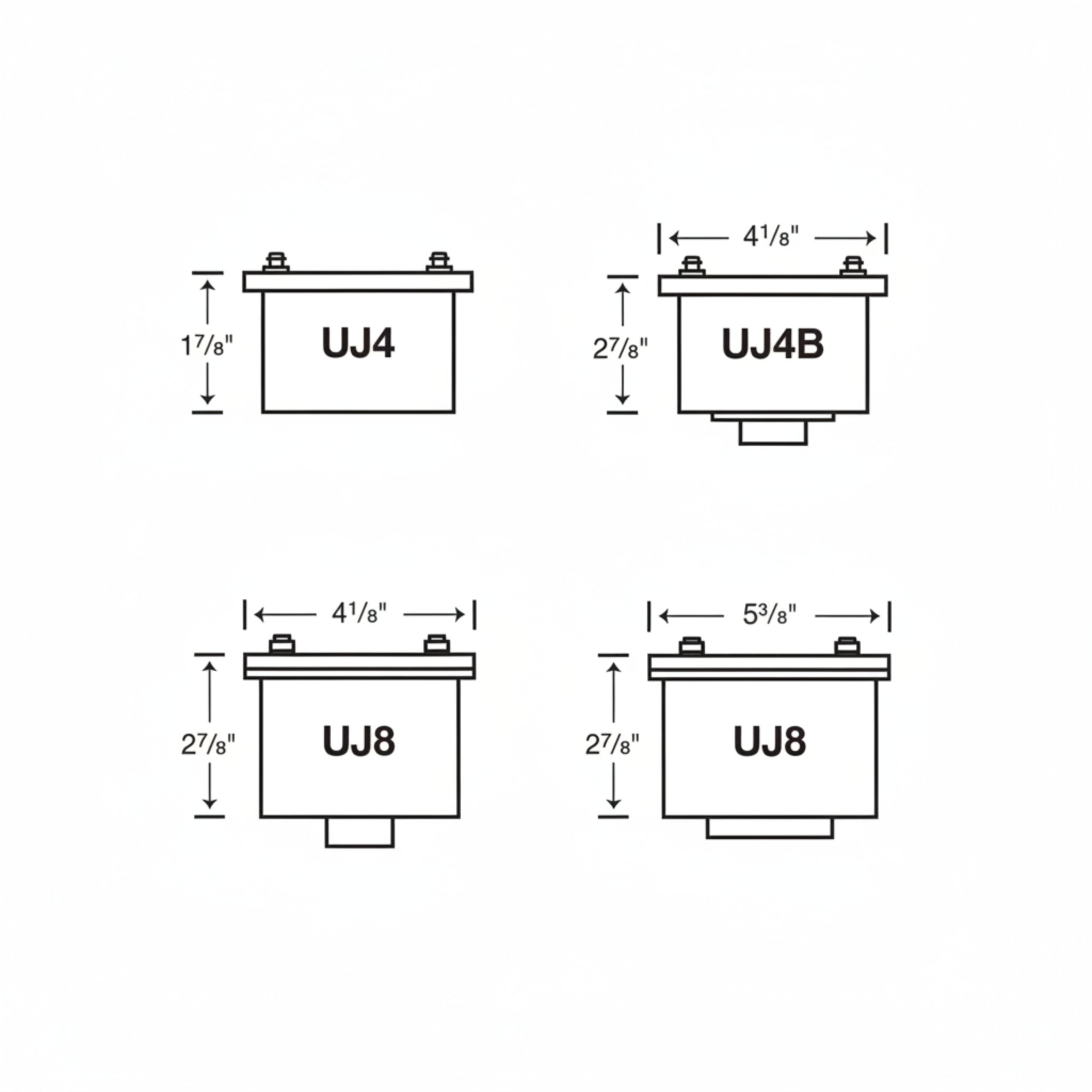 Underwater junction box for fountain lights diagrams showing dimensions of UJ4, UJ4B, UJ8, and UJ8B models.