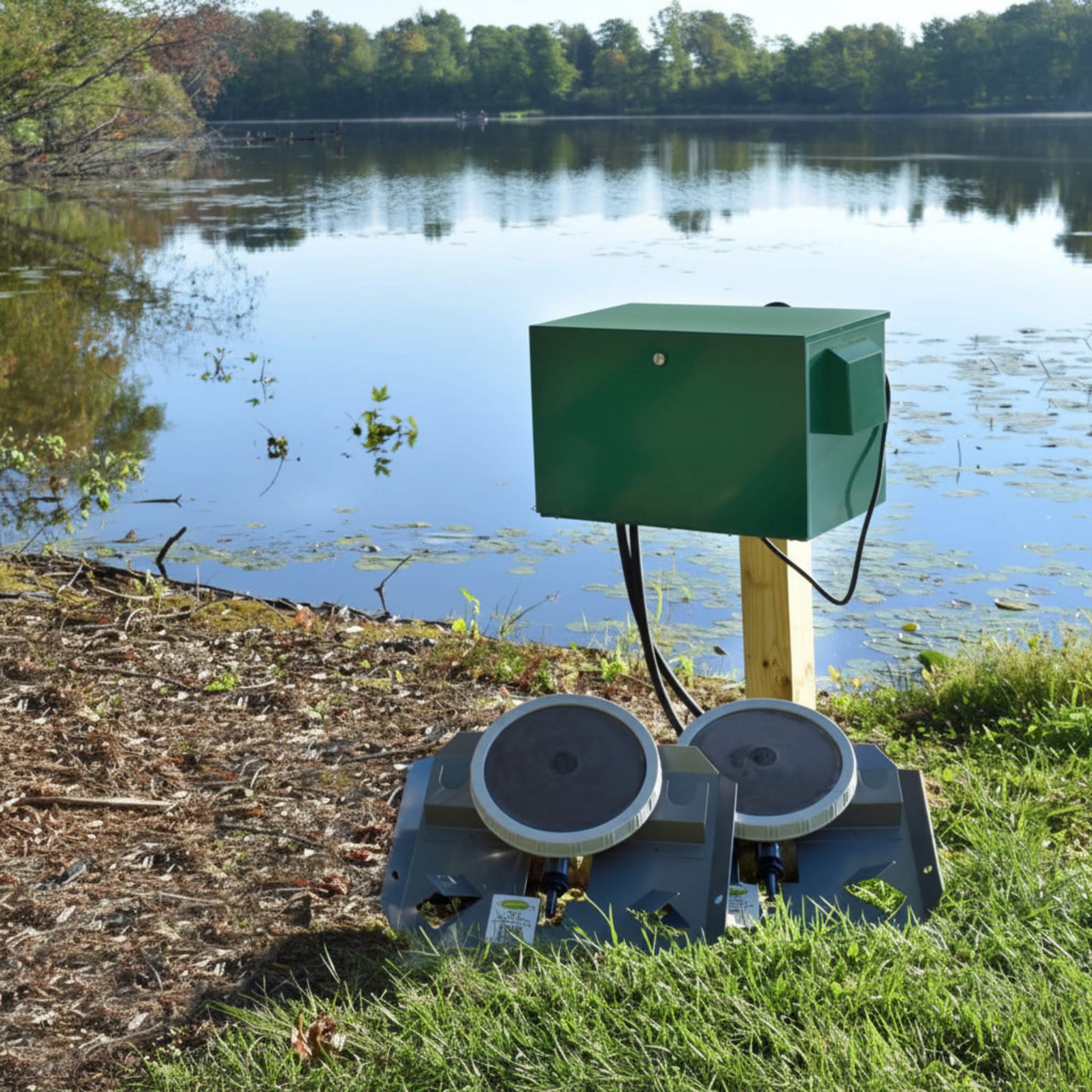 EasyPro Aerator System Compressor | Dual Valve | 2 Diffusers | No Tubing | Post Mount Soundproof Cabinet / 115V Pond Aerator for 2 Acres | EasyPro 1/4 HP Dual Diffuser System Pond Aerator for 2 Acres | EasyPro Dual Diffuser System