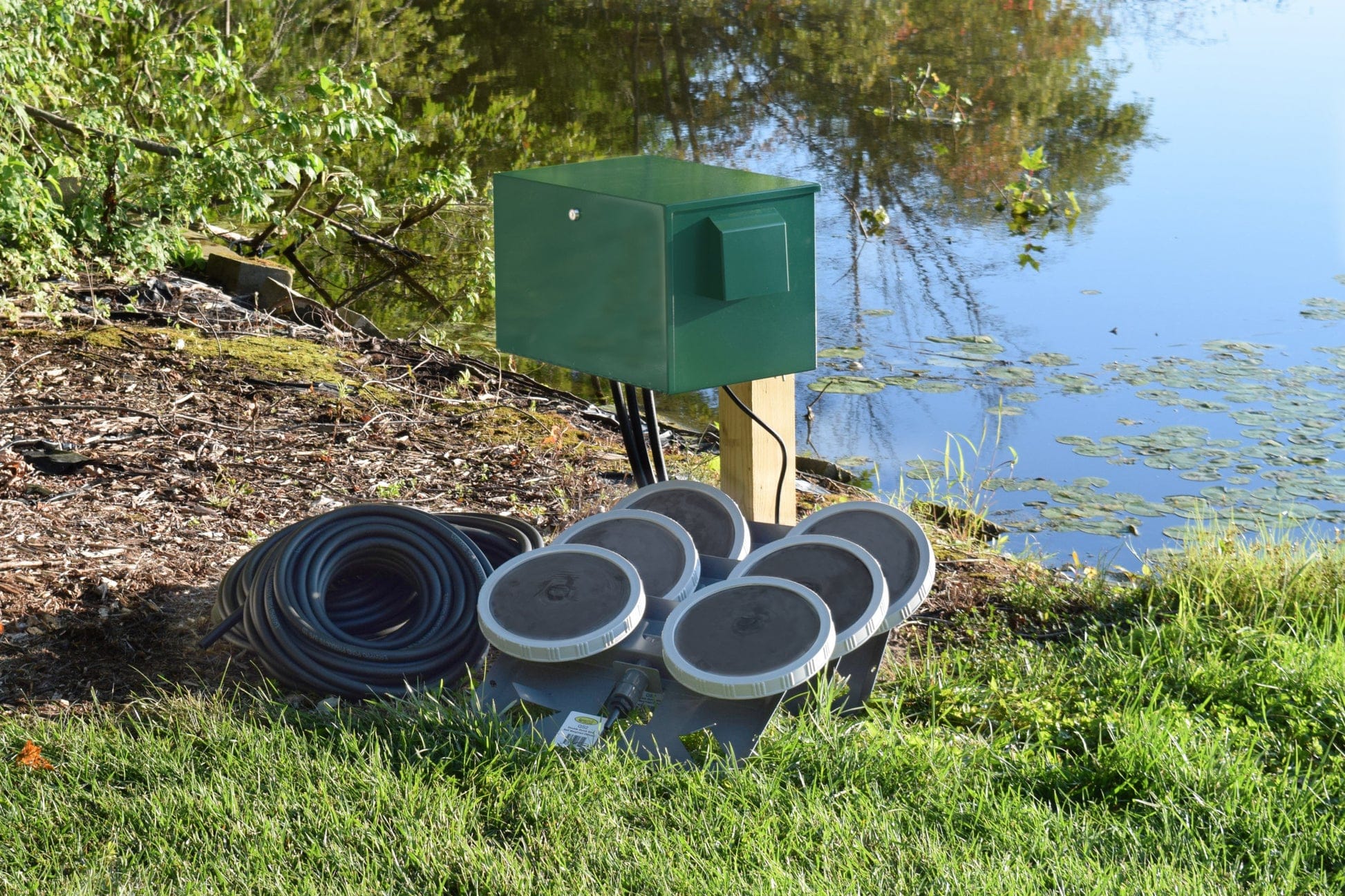 EasyPro Aerator System Compressor | Triple Valve | 3 Diffusers | 300ft Quick-Sink Tubing | Post Mount Soundproof Cabinet / 115V Fish Pond Aeration System | EasyPro PA66 1/2 HP Triple Diffuser Fish Pond Aeration System | EasyPro PA66 1/2 HP