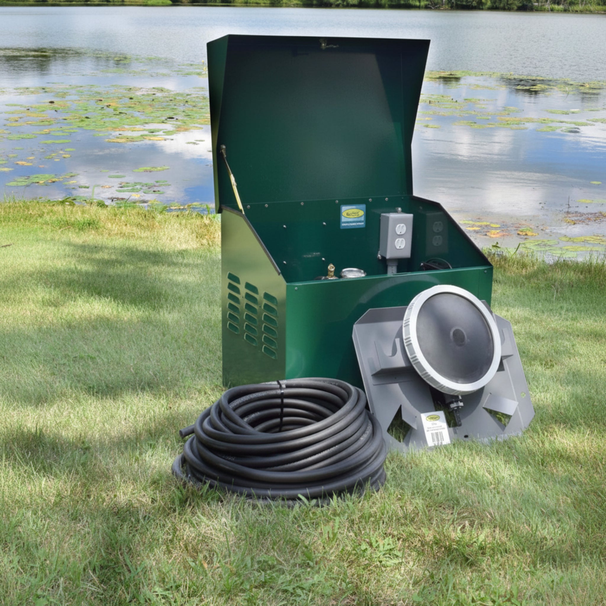 Pond aerator for 1 acre featuring EasyPro 1/4 HP single diffuser system, compressor, and tubing, perfect for reliable oxygenation.