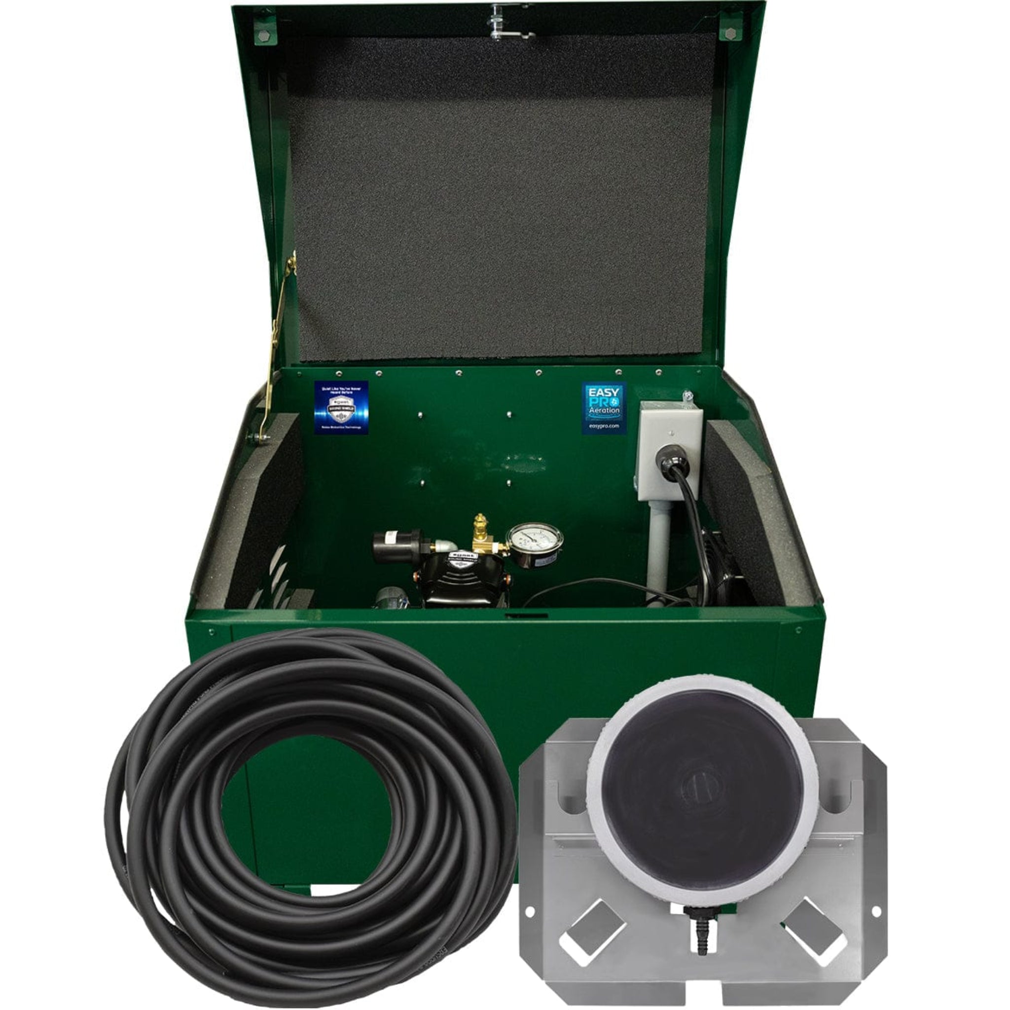 Pond aerator for 1 acre EasyPro 1/4 HP single diffuser system with hose and compressor unit.