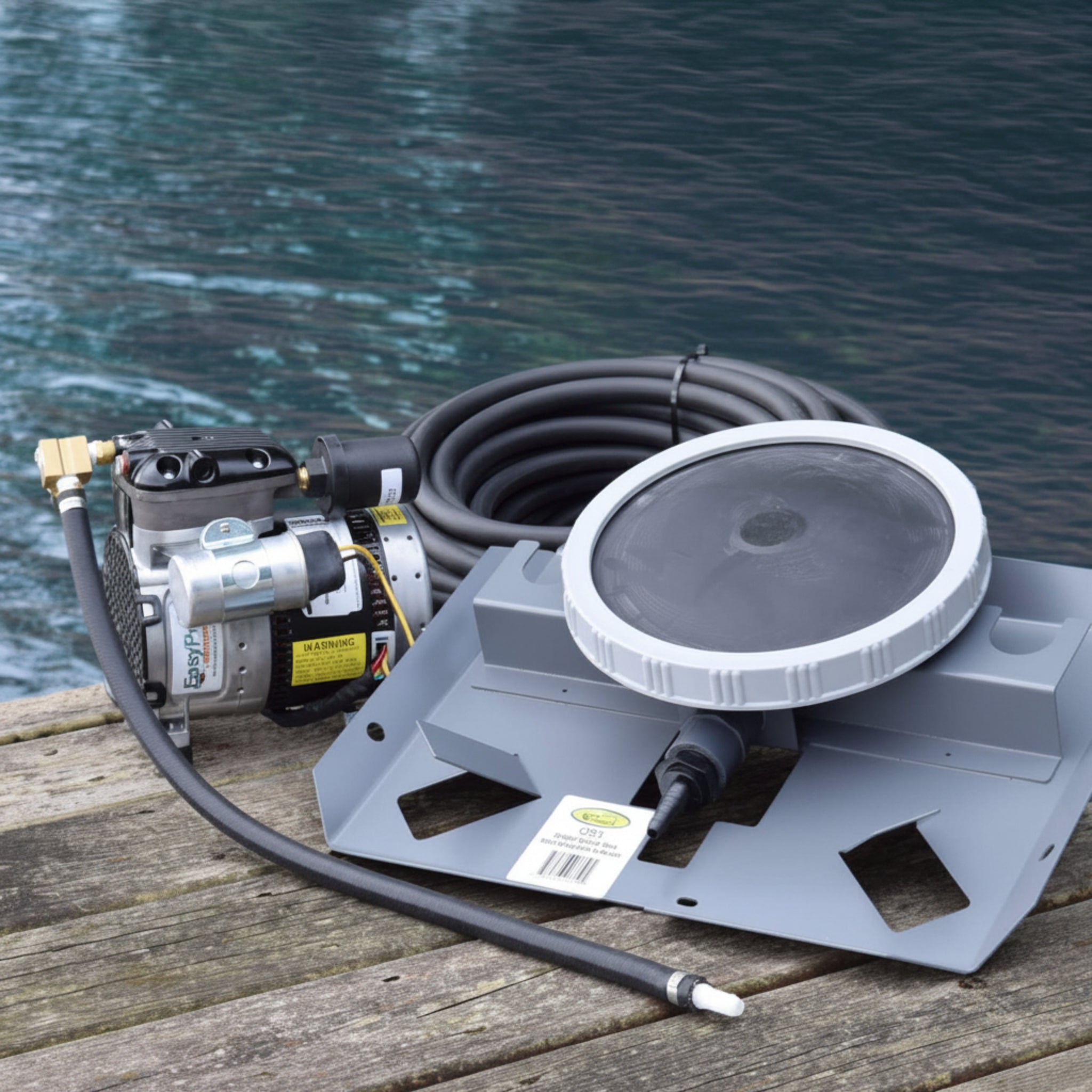 Pond aerator for 1 acre including EasyPro 1/4 HP Single Diffuser System components on a wooden dock by the water.