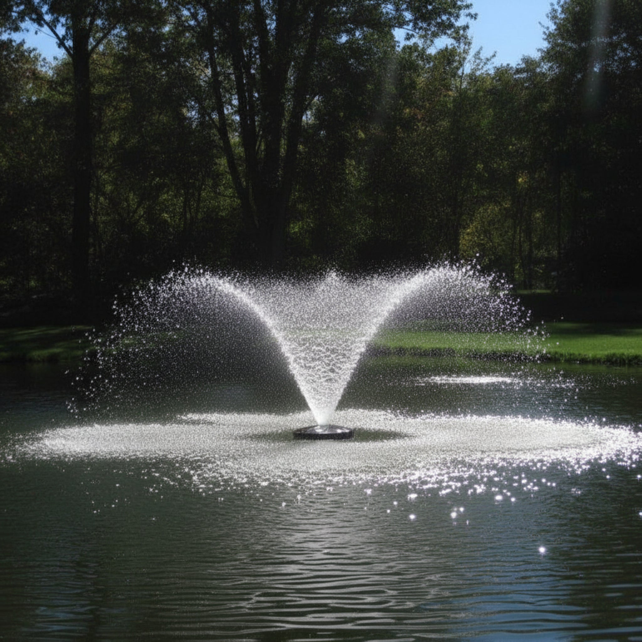 Floating fountain nozzle creating a beautiful spray pattern in a tranquil pond setting.