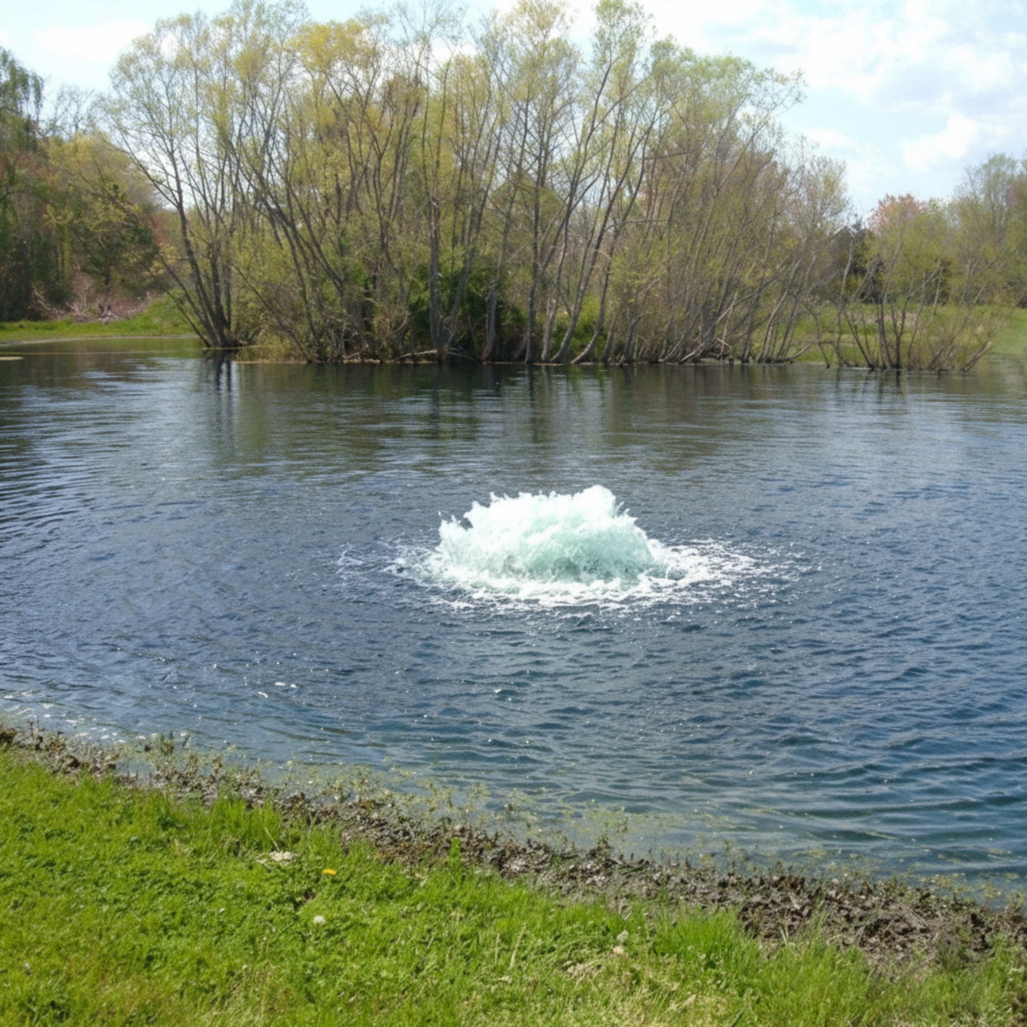 Kasco Surface Aerator 1/2 HP creating aeration in a pond with water shooting up.