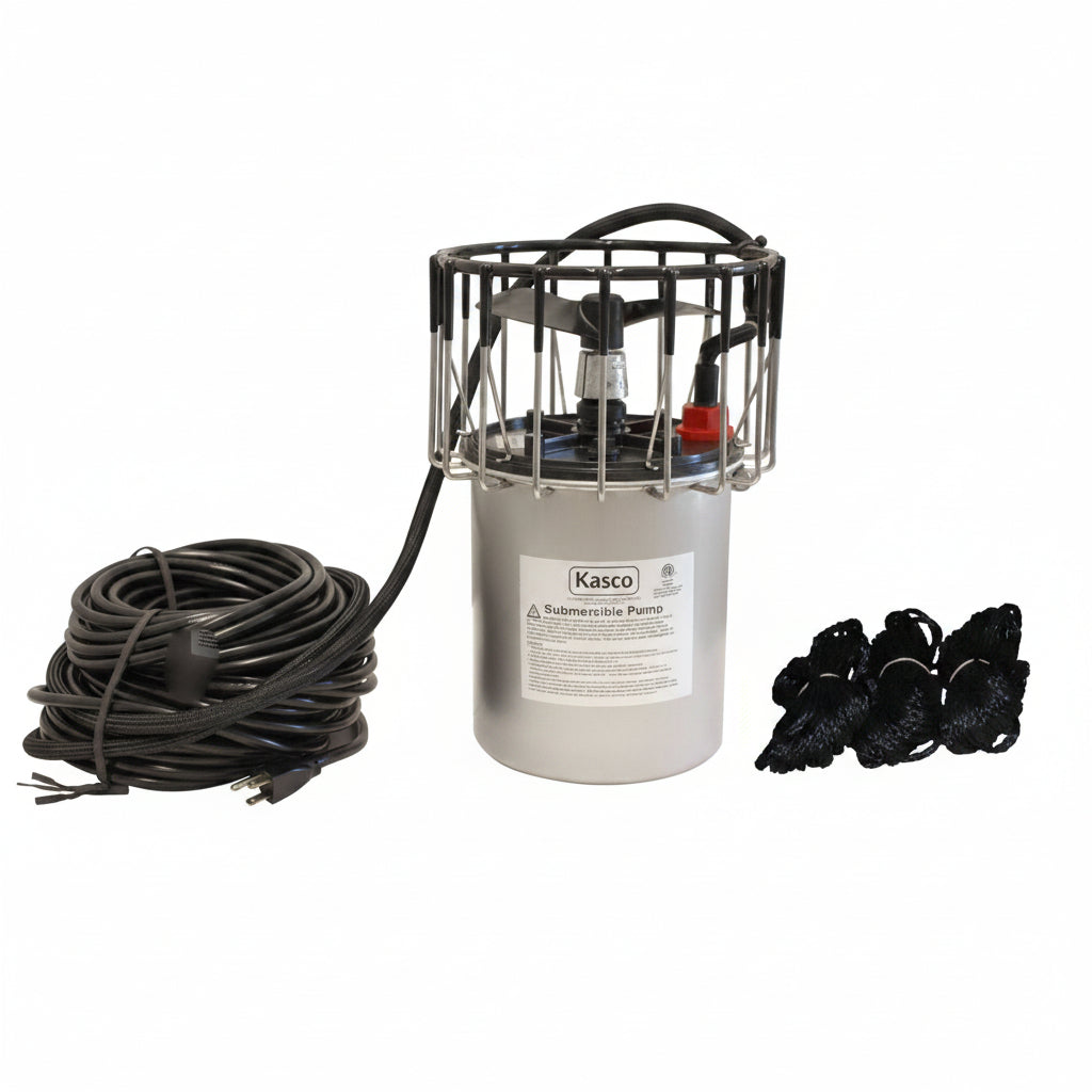 Kasco Surface Aerator 1/2 HP with protective cage and power cord for pond oxygenation.