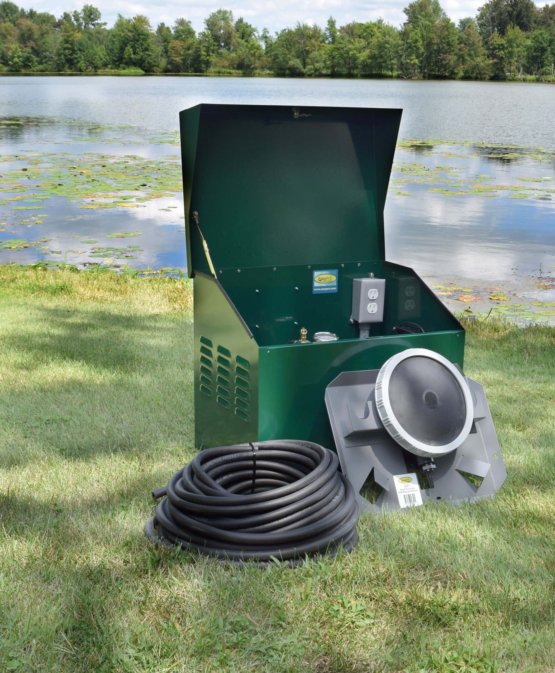Pond aerator for 1 acre featuring EasyPro 1/4 HP single diffuser system, compressor, and tubing, perfect for reliable oxygenation.