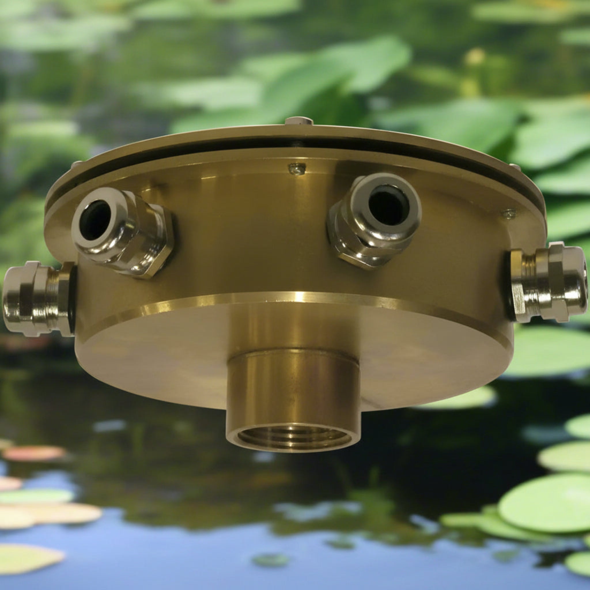 Underwater junction box for fountain lights shown in bronze, designed for safe wiring connections in pond installations.