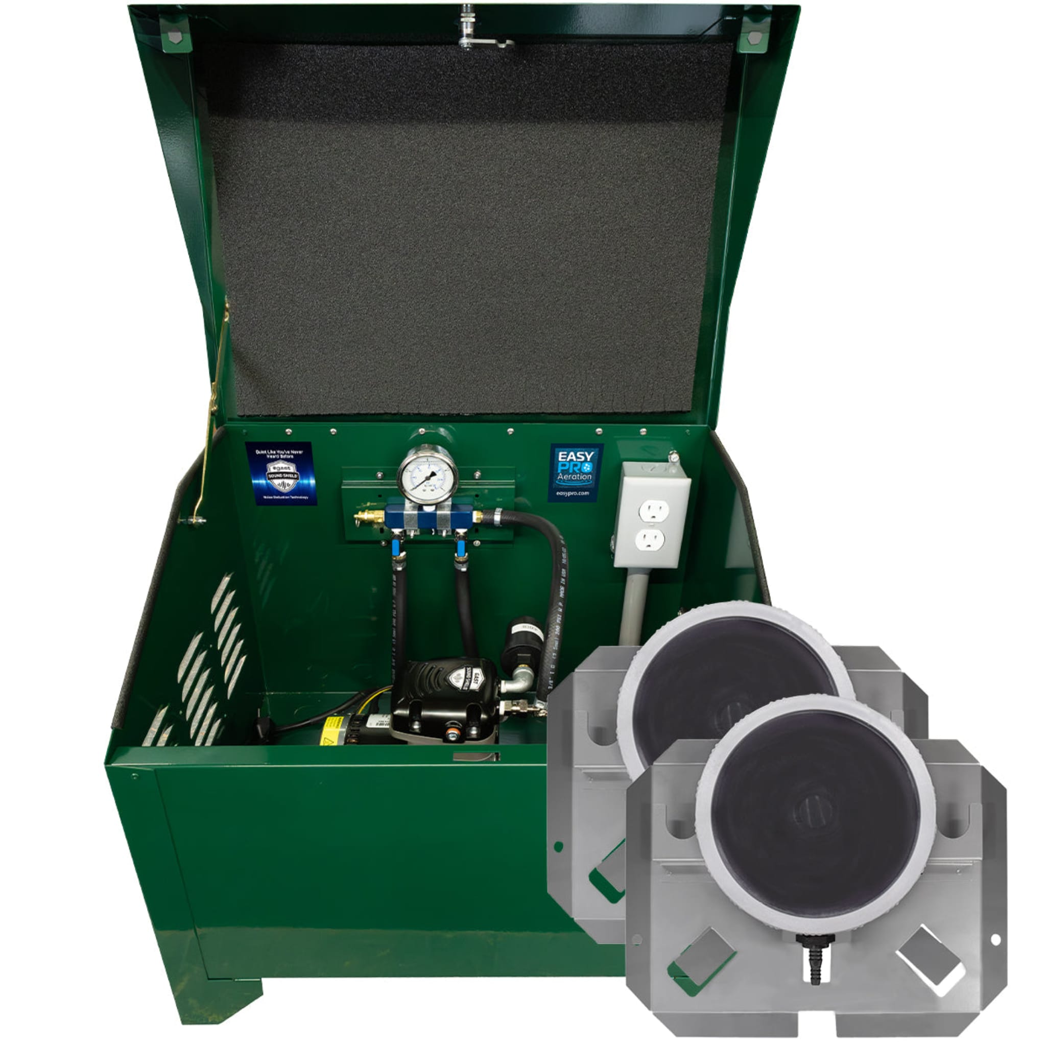 EasyPro Aerator System Compressor | Dual Valve | 2 Diffusers | No Tubing | Ground Mount Soundproof Cabinet / 115V Pond Aerator for 2 Acres | EasyPro 1/4 HP Dual Diffuser System Pond Aerator for 2 Acres | EasyPro Dual Diffuser System