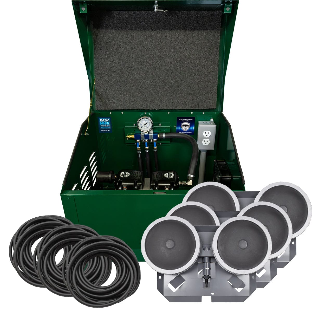 EasyPro Aerator System Compressor | Triple Valve | 3 Diffusers | 300ft Quick-Sink Tubing | Ground Mount Soundproof Cabinet / 115V Fish Pond Aeration System | EasyPro PA66 1/2 HP Triple Diffuser Fish Pond Aeration System | EasyPro PA66 1/2 HP