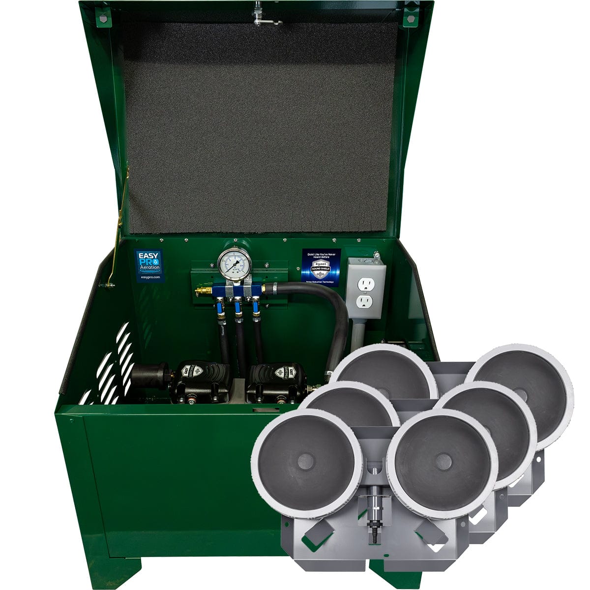 EasyPro Aerator System Compressor | Triple Valve | 3 Diffusers | No Tubing | Ground Mount Soundproof Cabinet / 115V Fish Pond Aeration System | EasyPro PA66 1/2 HP Triple Diffuser Fish Pond Aeration System | EasyPro PA66 1/2 HP