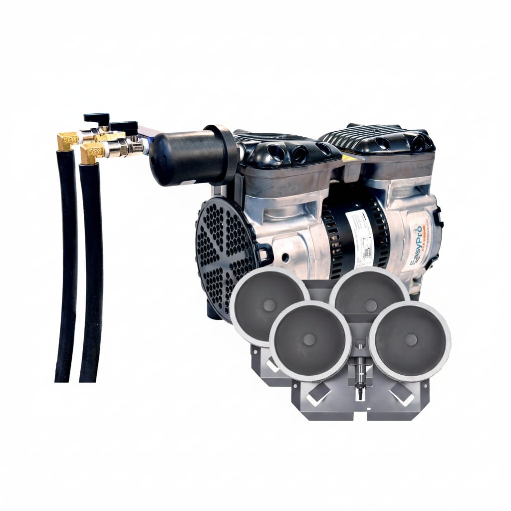 Large Pond Aerator system featuring dual diffusers and powerful piston compressor for efficient pond oxygenation.