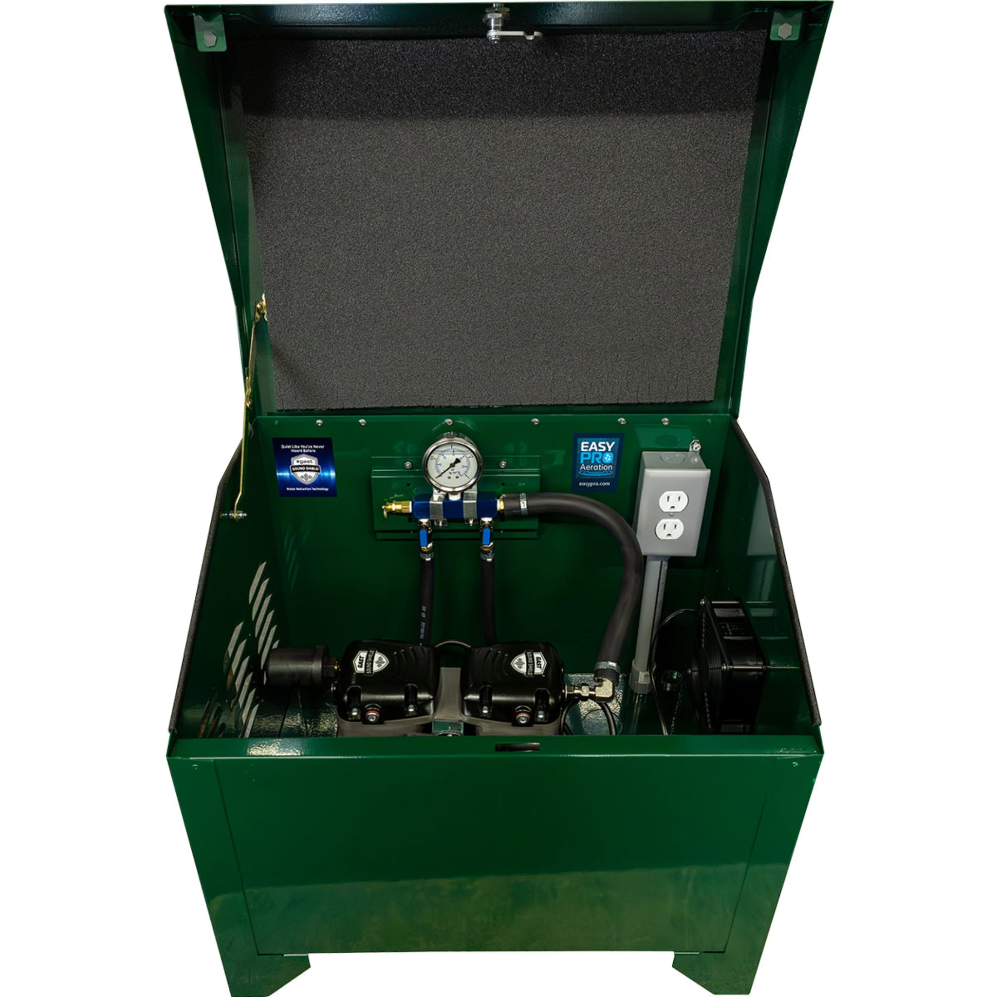 Large Pond Aerator with 1/2 HP dual diffuser system, featuring oil-free air delivery and high airflow for optimum oxygenation.