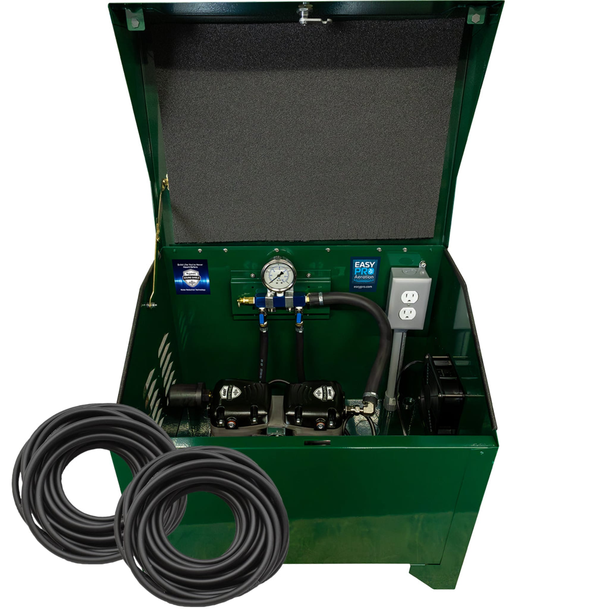 Large Pond Aerator showing the EasyPro PA65 dual diffuser system setup with compressor and air hoses.