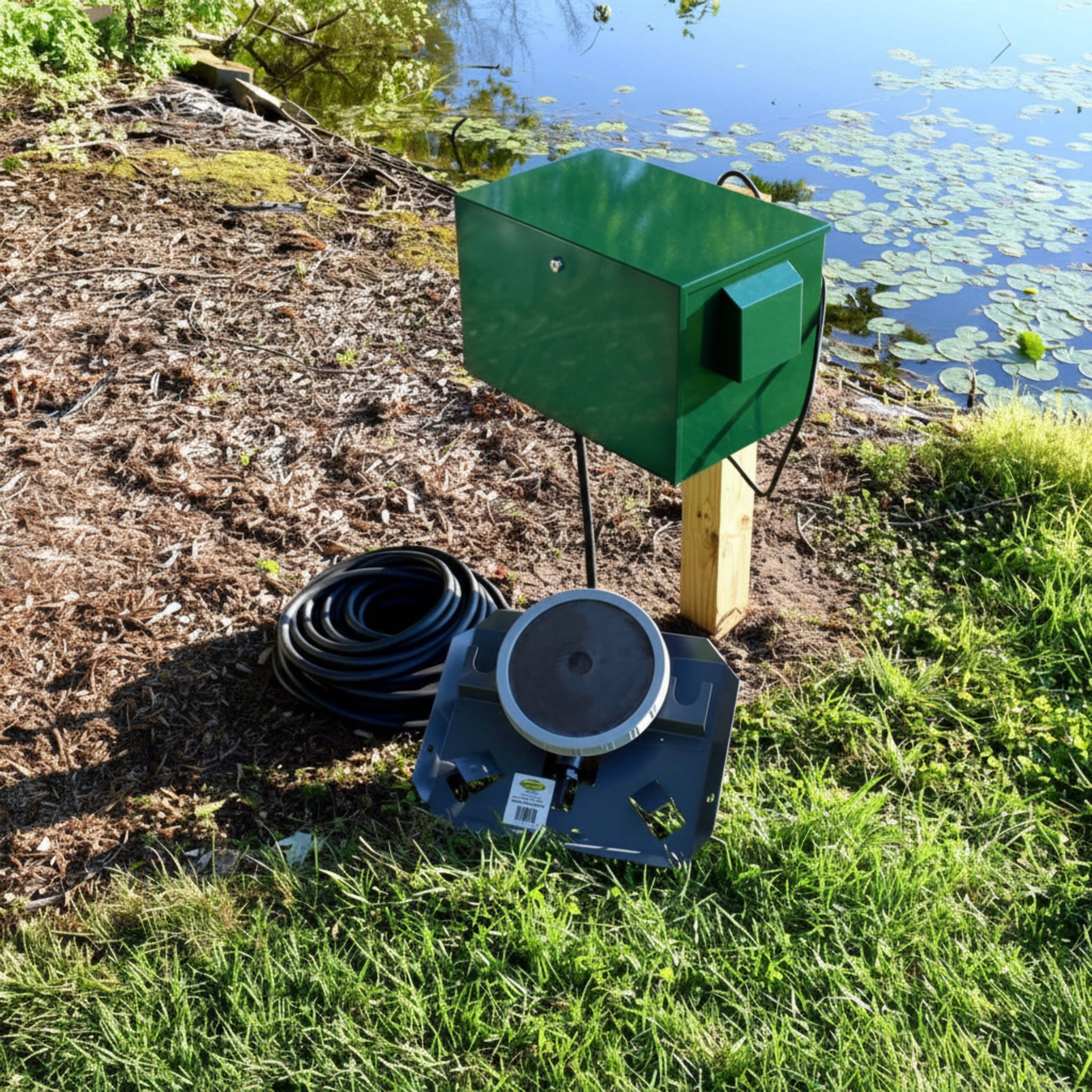 Pond aerator for 1 acre with compressor and hose setup beside a pond for effective oxygenation.