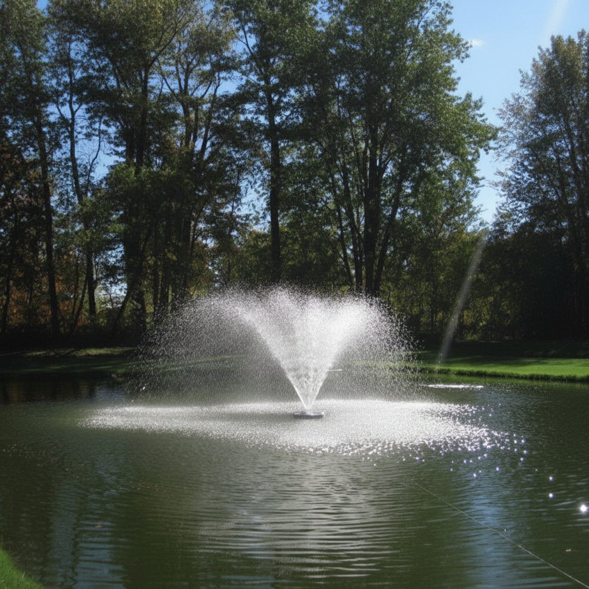 Floating fountain nozzle creating a beautiful spray pattern in a serene pond surrounded by trees.