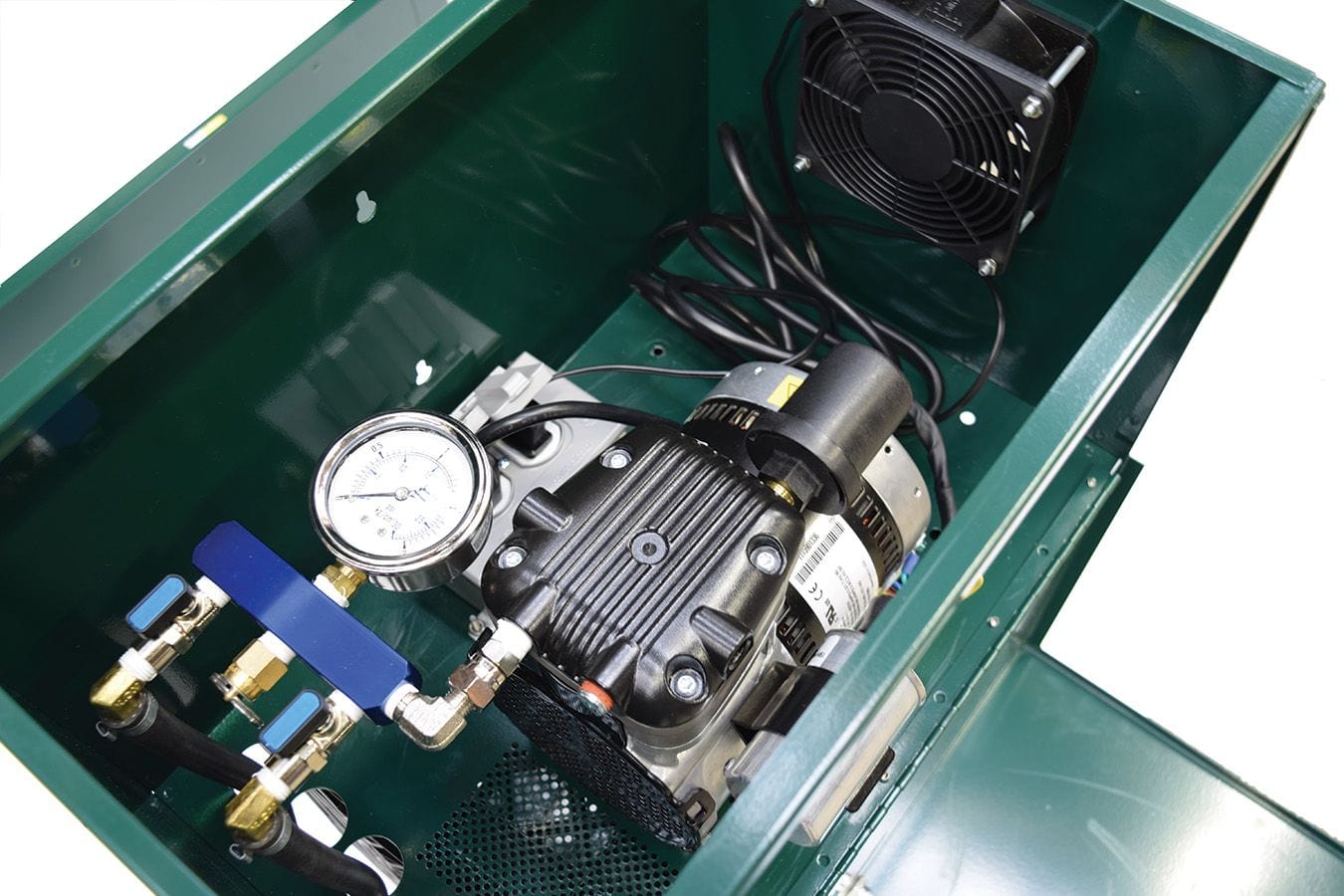 Large Pond Aerator interior showing EasyPro PA65 1/2 HP compressor with air gauge and fan for efficient pond oxygenation.